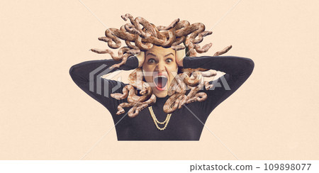 Contemporary art collage. Young girl with snakes instead of hair looks like mythology character loudly shouting of against peach color background. Contemporary art collage. Young girl with snakes instead of hair looks like mythology character loudly shouting of against peach color background. 109898077