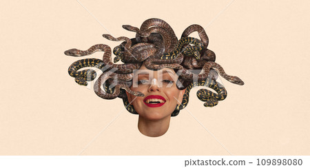Contemporary art collage. Young beautiful girl with snakes instead of hair looks like mythology character against peach color background. Contemporary art collage. Young beautiful girl with snakes instead of hair looks like mythology character against peach color background. 109898080
