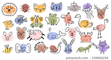 Kids Fingerprint Animal Doodles. Lion, Ladybug, Fox, Cat and Spider. Jellyfish, Deer, Bird and Fish or Butterfly, Parrot 109898284