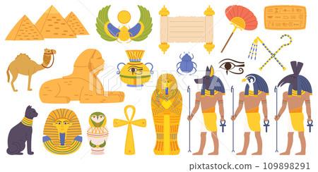 Egypt Landmarks and Religious Elements Set. Majestic Pyramids Of Giza, Sphinx, Pharaoh Sarcophagus and Scarab 109898291