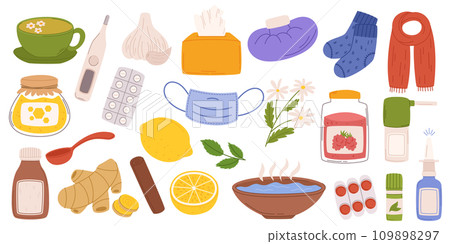 Flu Treatment Set Includes Tissues, Throat Lozenges, Hot Tea, Thermometer, Medicine. Honey and Raspberry 109898297