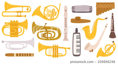 Flute, Clarinet, Saxophone, Trumpet, Trombone, Oboe, Bassoon, French Horn, Tuba, Piccolo, And Bagpipes Wind Instruments 109898298