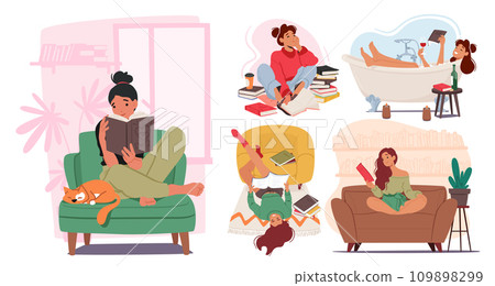 Cute Women Indulge In The Joy Of Reading, Eyes Glued To The Pages, A Contented Smile On Face As They Immerse Themselves 109898299