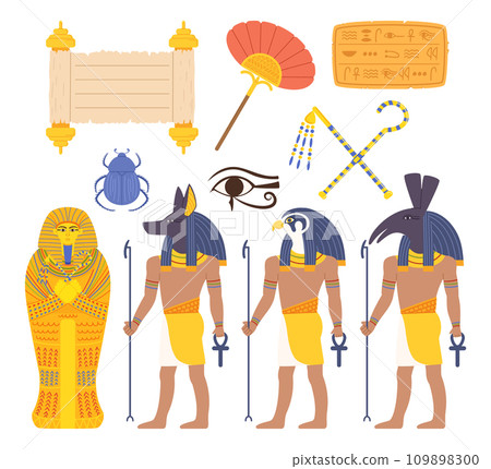 Egypt Landmarks and Religious Elements Set. Pharaoh Sarcophagus, Scroll, Hieroglyphs, Fan and Scarab. Gods Anubis, Ra Egypt Landmarks and Religious Elements Set. Pharaoh Sarcophagus, Scroll, Hieroglyphs, Fan and Scarab. Gods Anubis, Ra 109898300