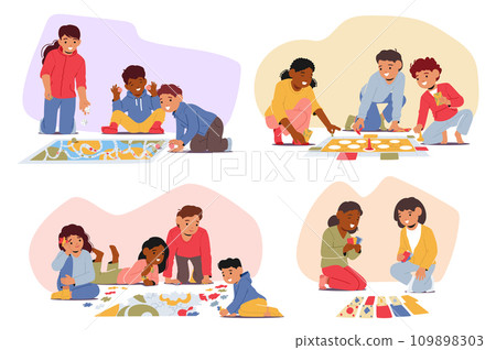 Children Sit On The Floor, Joyfully Engaged In Board Games. Laughter Echoes As They Strategize, Roll Dice Children Sit On The Floor, Joyfully Engaged In Board Games. Laughter Echoes As They Strategize, Roll Dice 109898303