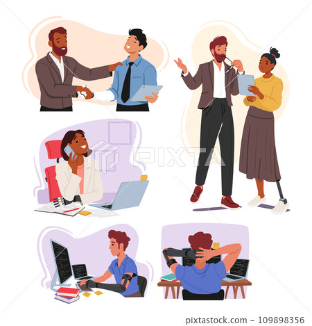 Diverse And Resilient Characters With Disabilities Contribute Skillfully In Office Environment, Showcasing Adaptability 109898356