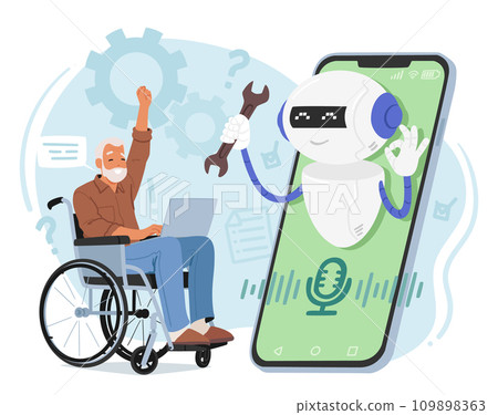 Chat Bot Assistant Helps Elderly Man On A Wheelchair, Offers Technical Support Online With Compassion And Expertise Chat Bot Assistant Helps Elderly Man On A Wheelchair, Offers Technical Support Online With Compassion And Expertise 109898363