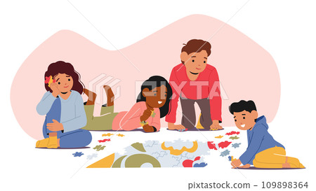 Giggling Children Engrossed In Colorful Board Game, Friends Assembling Puzzle Pieces, Sprawled Across The Floor 109898364