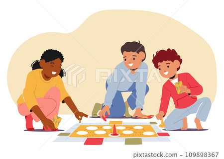 Children Characters Sit On The Floor, Laughter Filling The Air As They Eagerly Play Board Games, Vector Illustration 109898367