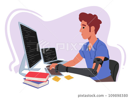 Determined Disabled Man With Hand Prosthesis Diligently Works In The Office, Typing On His Computer With Resilience 109898380