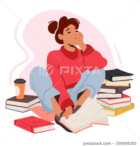Cute Woman Immerses Herself In The World Of Books. Female Character Captivated By The Pages, Vector Illustration 109898385