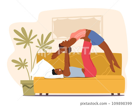 Graceful And Balanced Couple Engages In Acro Yoga Pose Lying On Sofa, Forming Intricate Shapes That Blend Strength Graceful And Balanced Couple Engages In Acro Yoga Pose Lying On Sofa, Forming Intricate Shapes That Blend Strength 109898399
