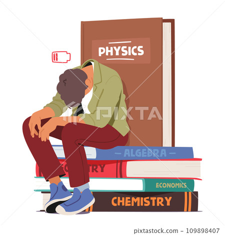 Exhausted Student Character, Head Bowed In Weariness, Encircled By A Fortress Of Books, A Visual Testament To Struggle 109898407