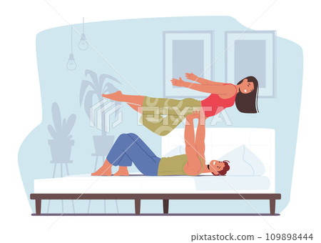 Couple Engages In Acro Yoga Poses In Mesmerizing Display Of Balance And Trust, Creating A Harmonious Fusion Of Strength 109898444
