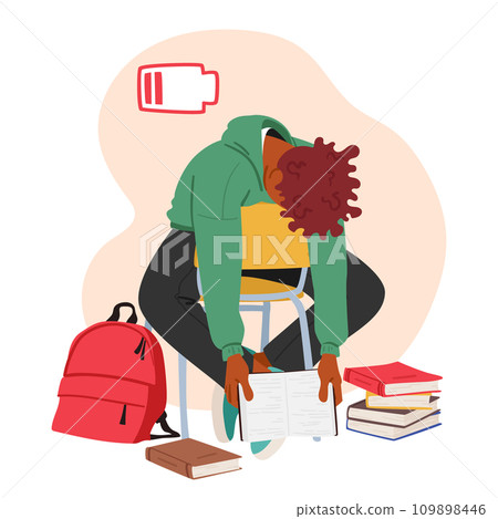 Exhausted Student Slumps With A Bowed Head Sitting On Chair, Drained From The Demands Of Academia, Vector Illustration Exhausted Student Slumps With A Bowed Head Sitting On Chair, Drained From The Demands Of Academia, Vector Illustration 109898446