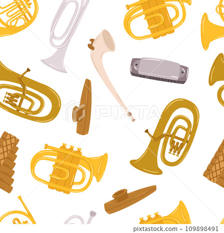 Whimsical Seamless Pattern Featuring Vibrant Wind Instruments In Playful Arrangement, Creating Lively And Musical Design 109898491