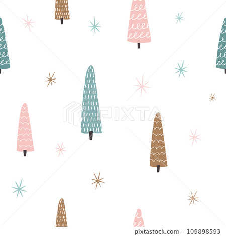 Holiday seamless pattern with hand drawn trees with textures. Holiday seamless pattern with hand drawn trees with textures. 109898593