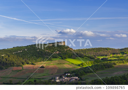 Rock of Solutre with vineyards, Burgundy, Solutre-Pouilly, France 109898765
