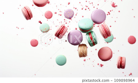 Flat lay. Close up. Sweet french macarons isolated on white background. Colorful macaroons flying or falling in motion Flat lay. Close up. Sweet french macarons isolated on white background. Colorful macaroons flying or falling in motion 109898964