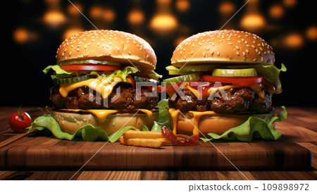 Two homemade beef burgers with mushrooms, micro greens, red onion, fried eggs and beet sauce on wooden cutting board. Side view 109898972