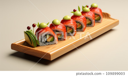 japanese sushi food. Maki ands rolls with tuna, salmon, shrimp, crab and avocado. Rainbow sushi roll, uramaki, hosomaki and nigiri 109899003