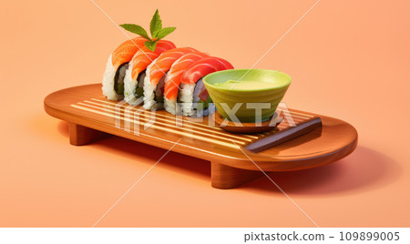 japanese sushi food. Maki ands rolls with tuna, salmon, shrimp, crab and avocado. Rainbow sushi roll, uramaki, hosomaki and nigiri 109899005