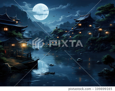 Night view of ancient city pagoda, walls and towers 109899165