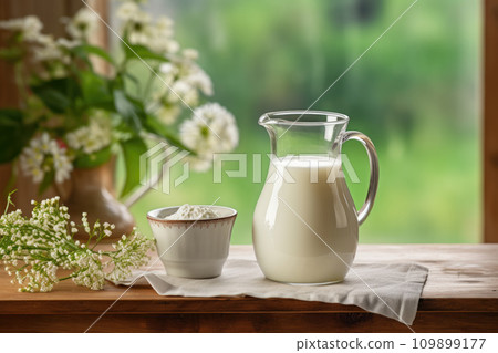 A jug of milk and glass of milk on a wooden table A jug of milk and glass of milk on a wooden table 109899177