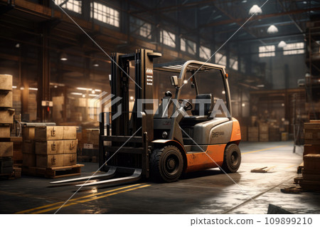 Forklift loader. Pallet stacker truck equipment at warehouse. 109899210