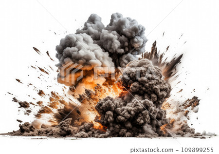 Extremely hot fiery explosion with sparks and smoke, against white background Extremely hot fiery explosion with sparks and smoke, against white background 109899255