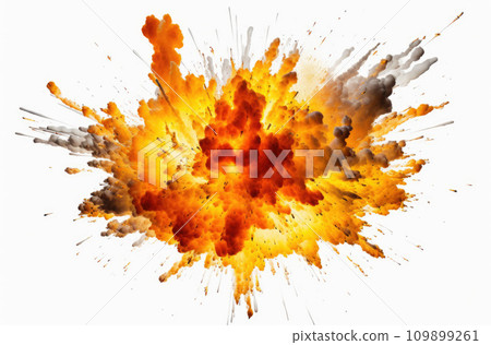 Extremely hot fiery explosion with sparks and smoke, against white background Extremely hot fiery explosion with sparks and smoke, against white background 109899261