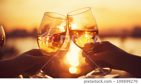 A group of girlfriends raise a toast with glasses of white wine on a sunset. Close shot. 109899270