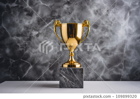 champion golden trophy placed on table, copy space ready for your design win concept 109899320