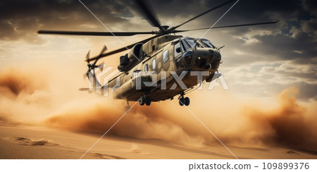a military helicopter flying over the sand 109899376