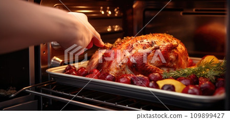 a person is pouring a roast out of an oven a person is pouring a roast out of an oven 109899427