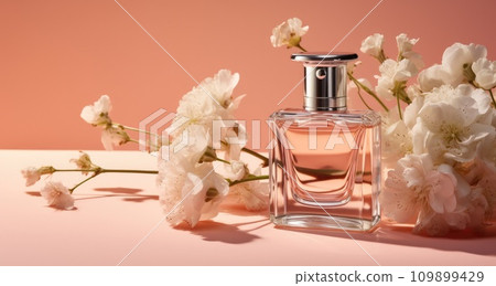 a bottle of perfume with flowers on a pink background a bottle of perfume with flowers on a pink background 109899429