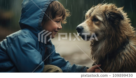a boy and his dog smiling at each other 109899430