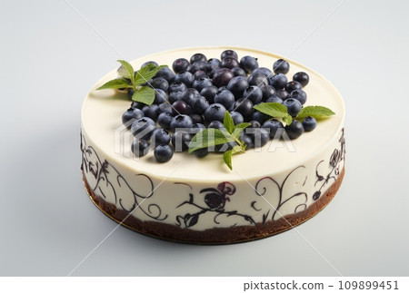 a cheesecake covered in fruit and leaves 109899451