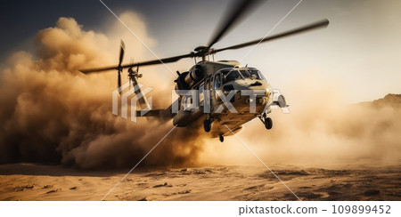 a military helicopter flying over the sand 109899452