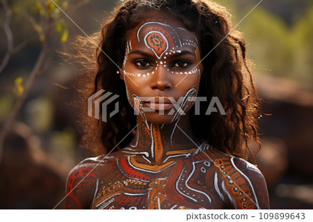 Portrait showcasing the rich heritage of Australian Aboriginal indigenous culture. Woman adorned with traditional patterns standing in wooded area with trees and foliage in background 109899643
