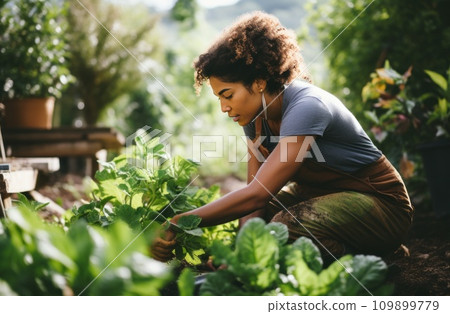 a woman in overalls working in their garden a woman in overalls working in their garden 109899779