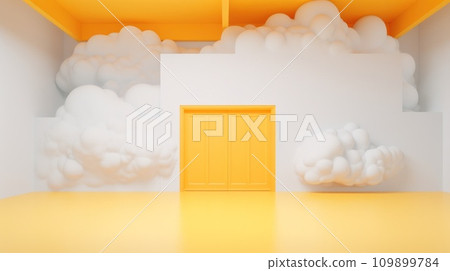 clouds coming out of a yellow door, over white space 109899784