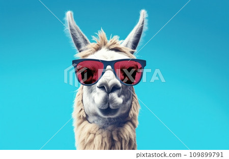an llama wearing sunglasses on a blue background 109899791
