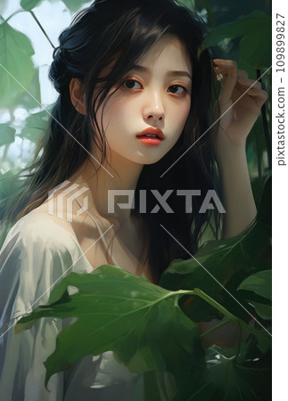 asian girl staring into a leafy background 109899827