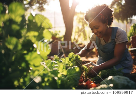 african american woman working with vegetables in a community garden female african american woman working with vegetables in a community garden female 109899917