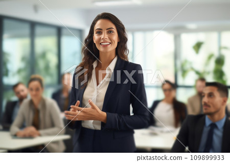 businesswoman giving a presentation in conference room businesswoman giving a presentation in conference room 109899933