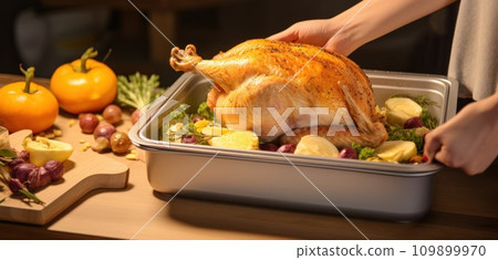 hands opening turkey on a wooden baking tray in a kitchen hands opening turkey on a wooden baking tray in a kitchen 109899970