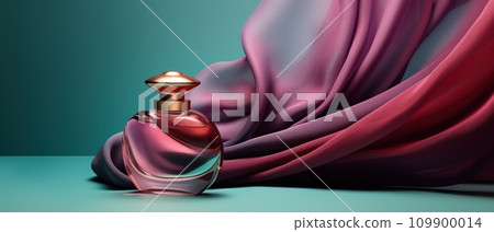 an elegant perfume bottle on light blue background with pink hair 109900014