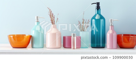 colorful bottle in bathroom near white and silver mirror 109900030