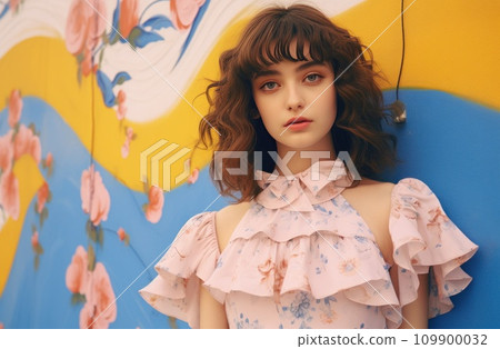 floral dress poses for a portrait in front of a pink wall 109900032